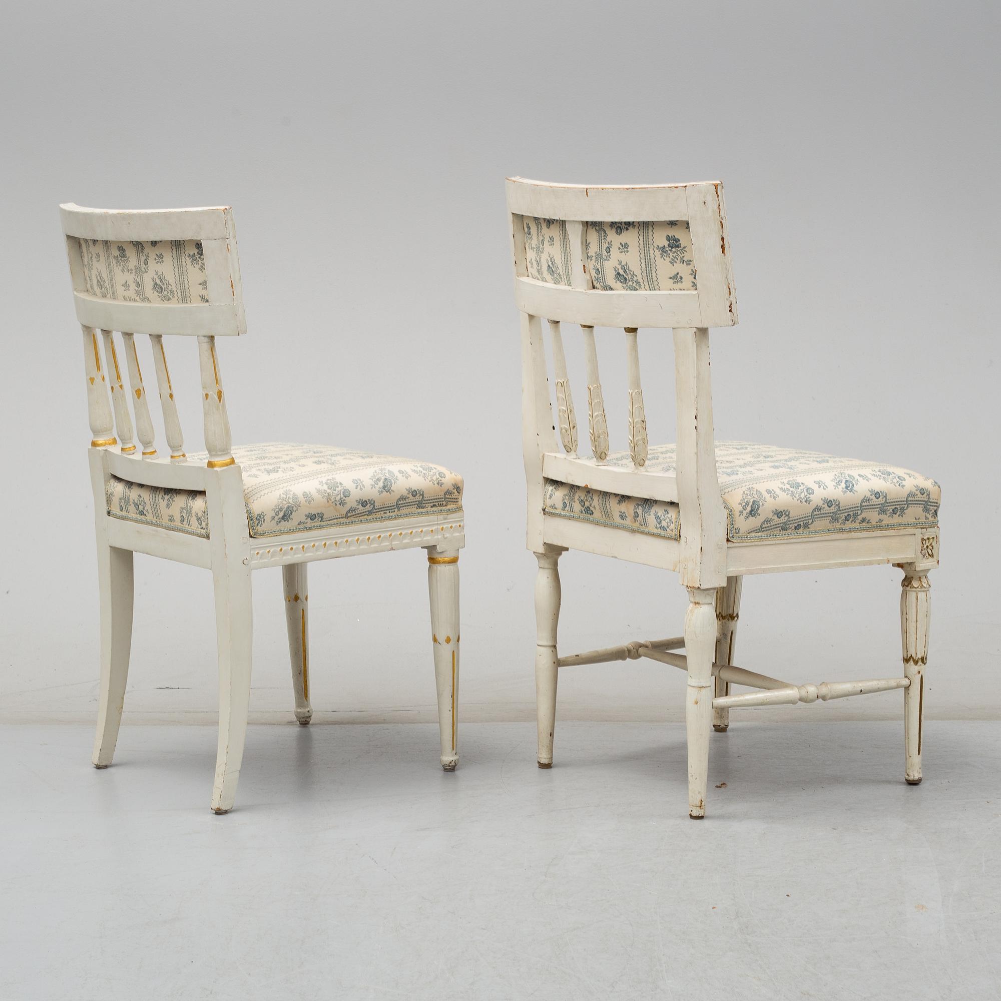 Eight chairs (6+2), late gustavian and late gustavian style, 19th century and ca 1900.