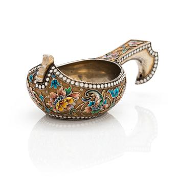 A Russian shaded cloisonné enamelled and gilt silver kovsh, mark of Vasily Andreyev, Moscow 1899-1908.