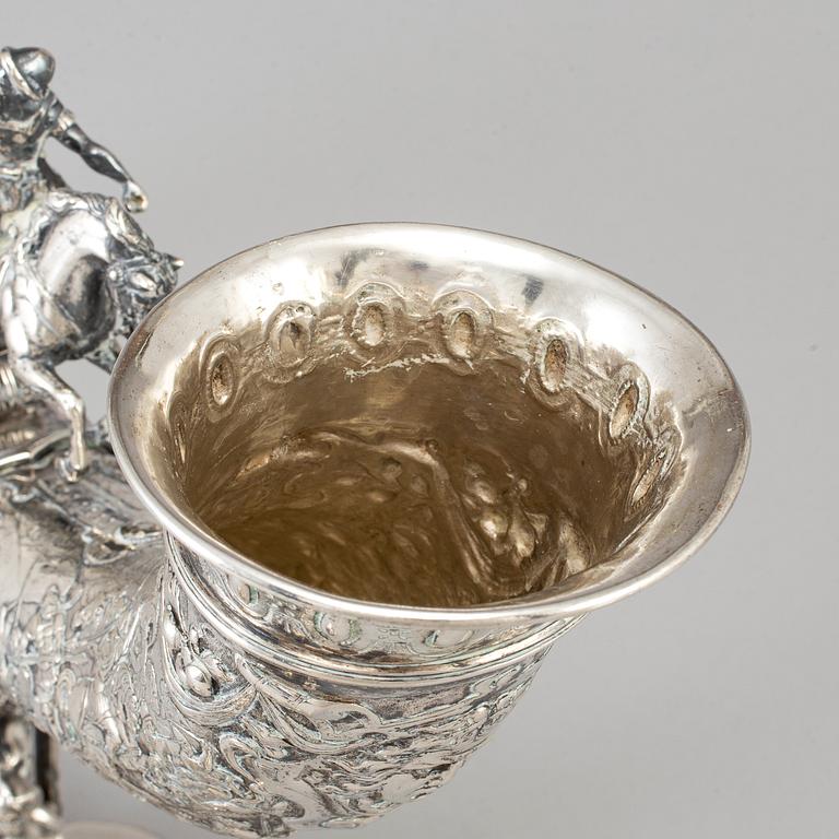 A German silver drinking horn, JD Schleissner & Söhne, Hanau around 1900.