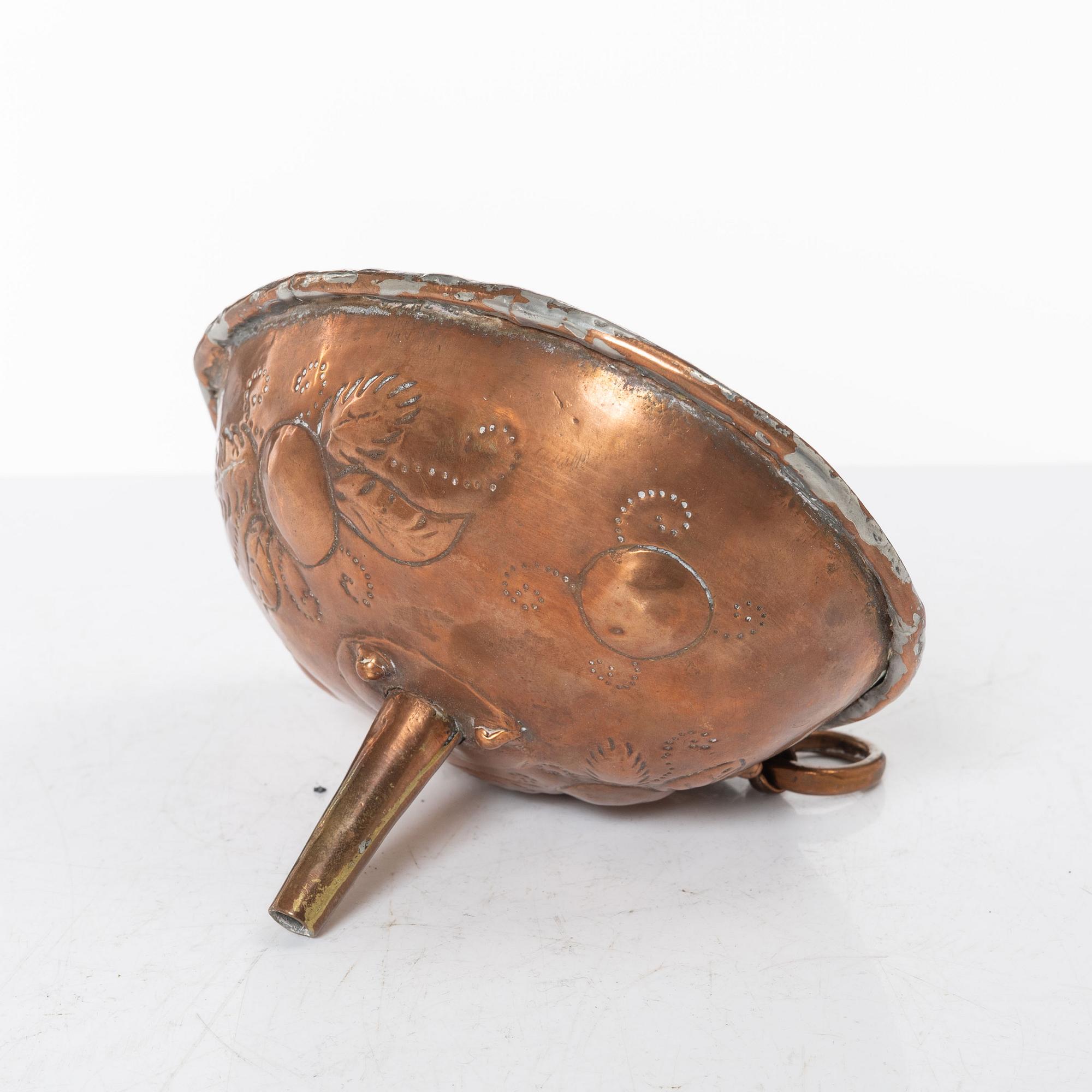 A Swedish copper cauldron and sieve, circa 1800.