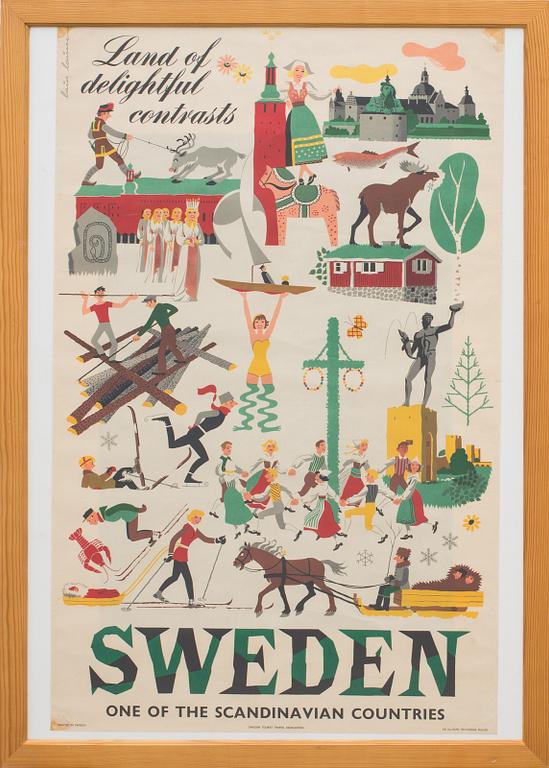 AFFISCH, "Land of delightful contrasts- Sweden one of the Scandinavian countries", 1900-talets mitt.