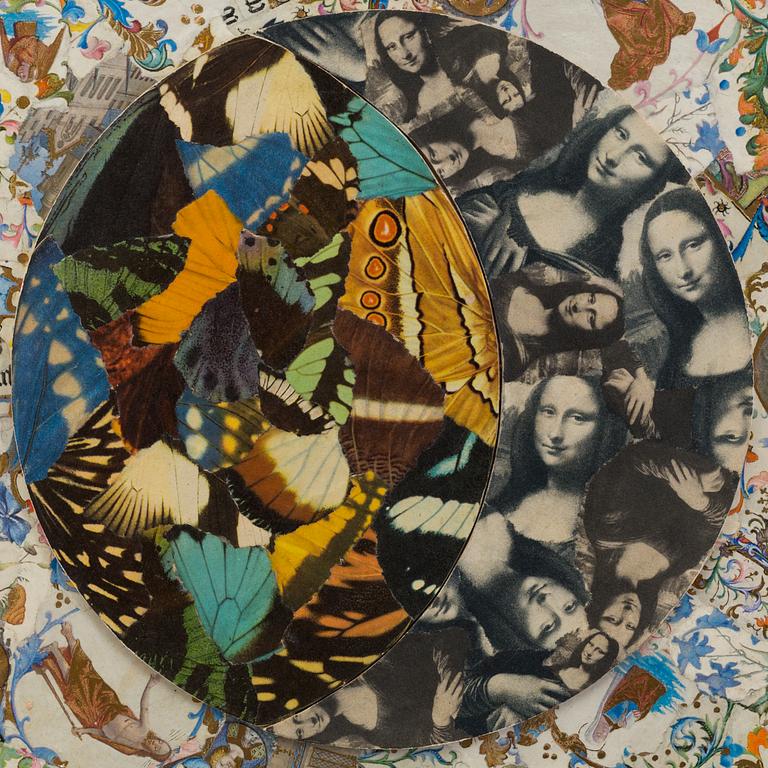 JIRI KOLÁR, collage on wood panel, "MOTYLI LUNA", signed and dated -70.