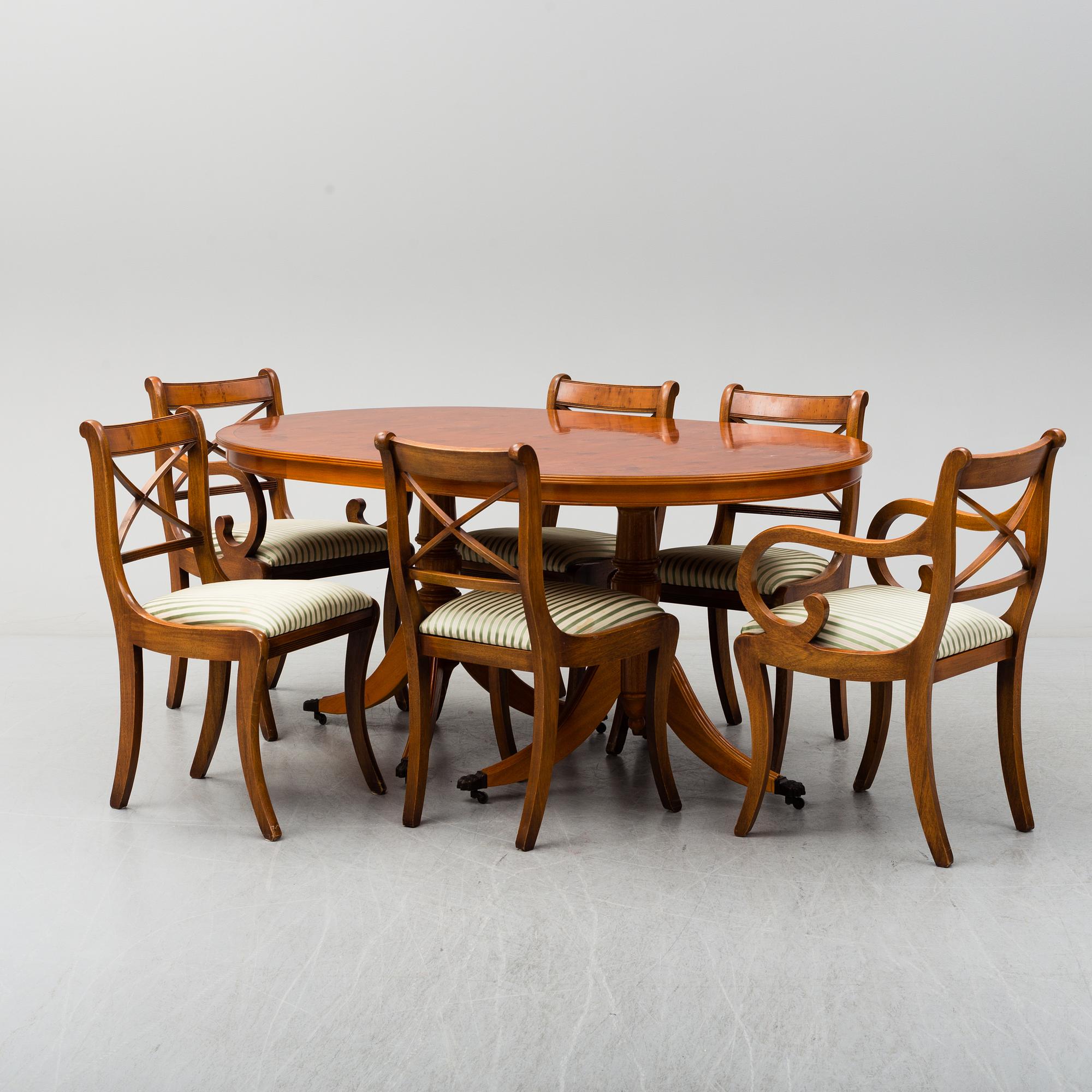 A late 20th century English style dining table and six chairs.