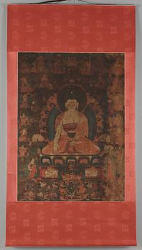 A Tibetan thangka of Shakyamuni Buddha with the eighteen  arhats, 18th century.