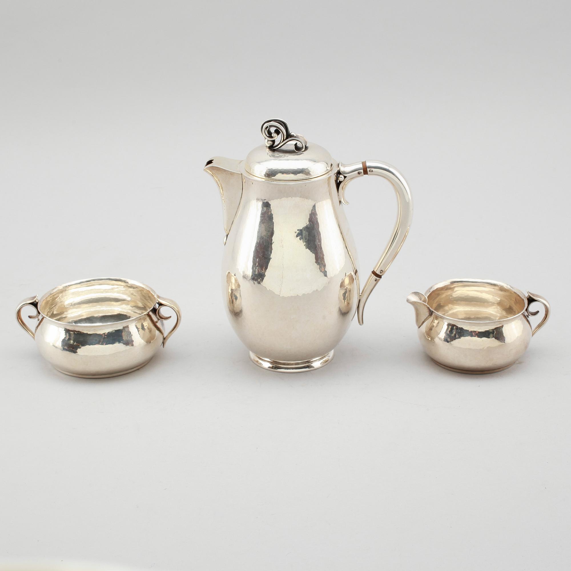 KAFFESERVIS, 3 delar, sterlingsilver, CC Hermann, Danmark. Vikt ca 689 gram.