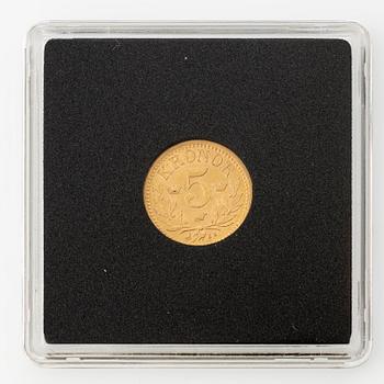 Gold coin, Oscar I, 5 kronor, type II, Sweden 1901.