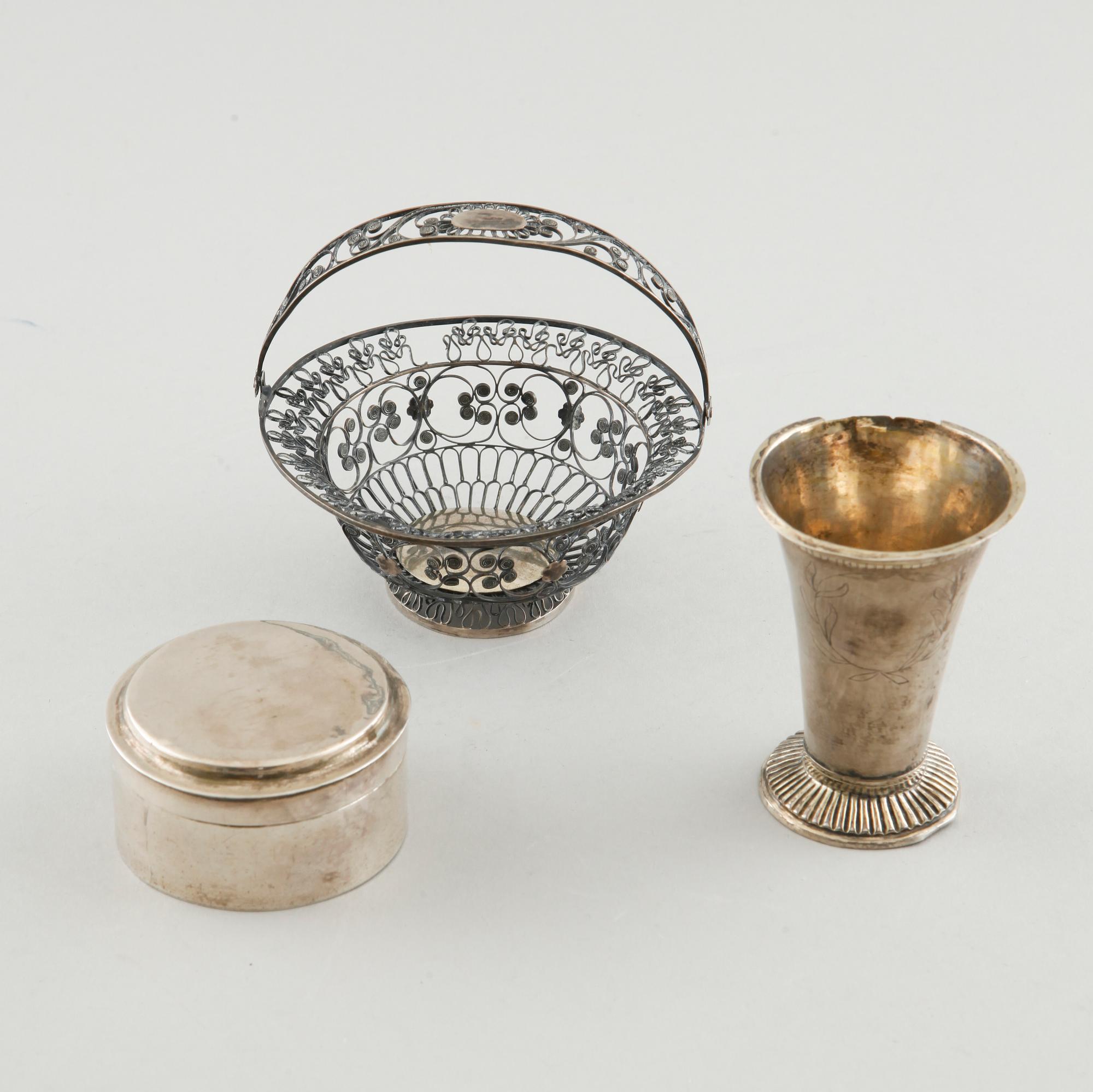 A silver box, a beaker and a basket, partly Sweden, 19th century.