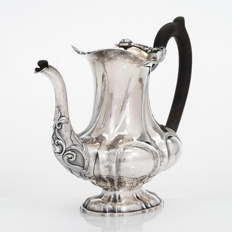 A mid-19th-century Imperial Russian silver coffee pot, Moscow 1848. Unidentified Cyrillic maker's mark IL.