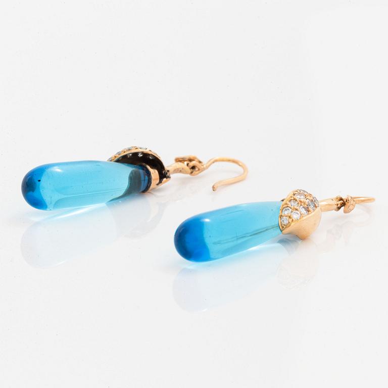 Colour treated blue quartz drop and brilliant-cut diamond earrings.