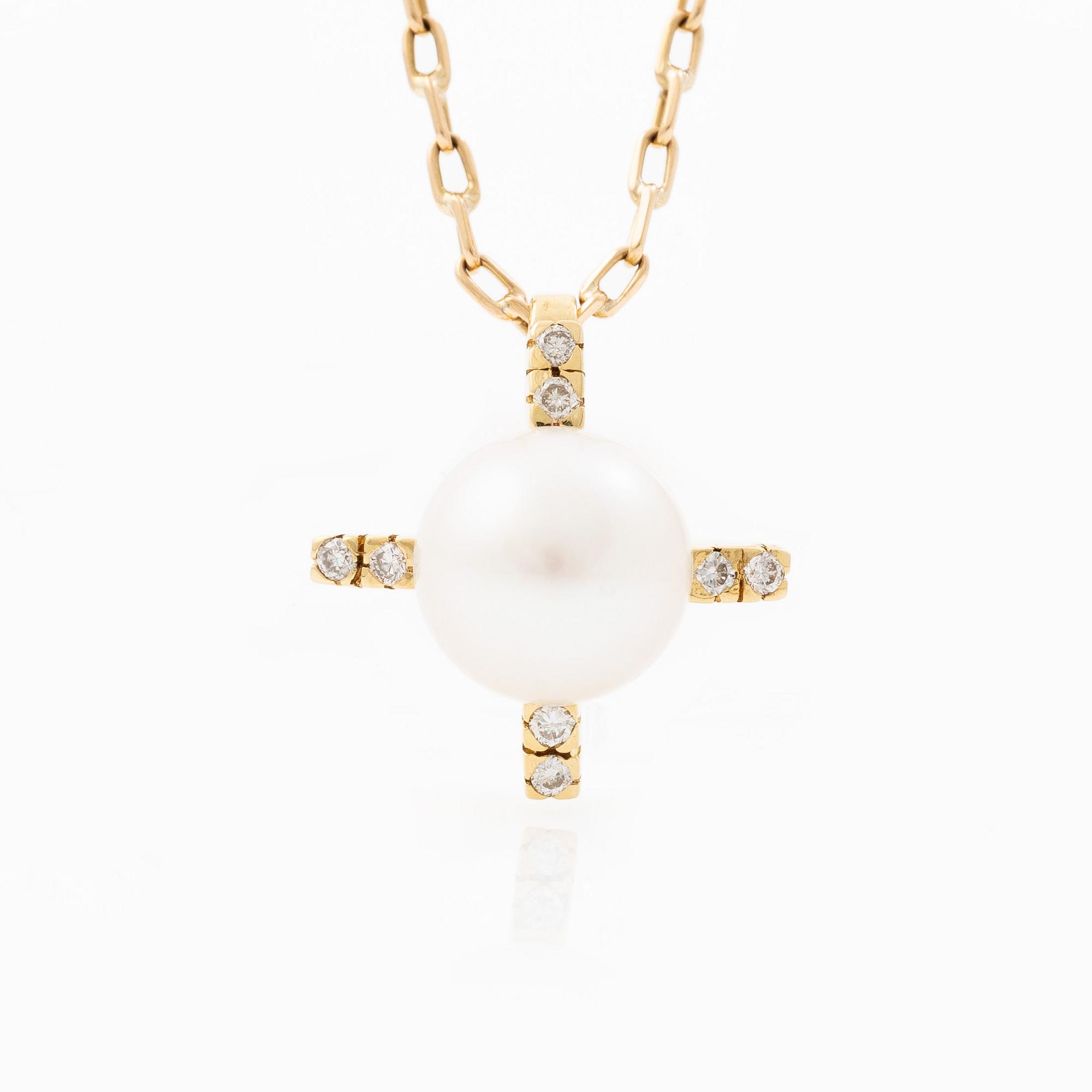Necklace, 18K gold with Akoya pearl and brilliant-cut diamonds.