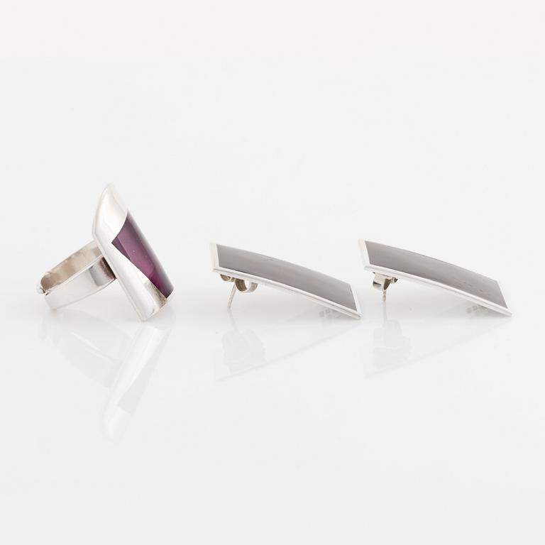 Marianne Berg, David Andersen, ring and earrings, sterling silver and purple enamel. 1960-70's.