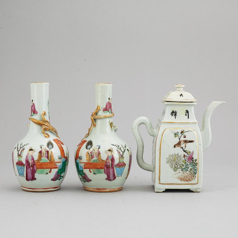 A pair of famille rose vases, and a tea pot, Qing dynasty, 19th Century and circa 1900.