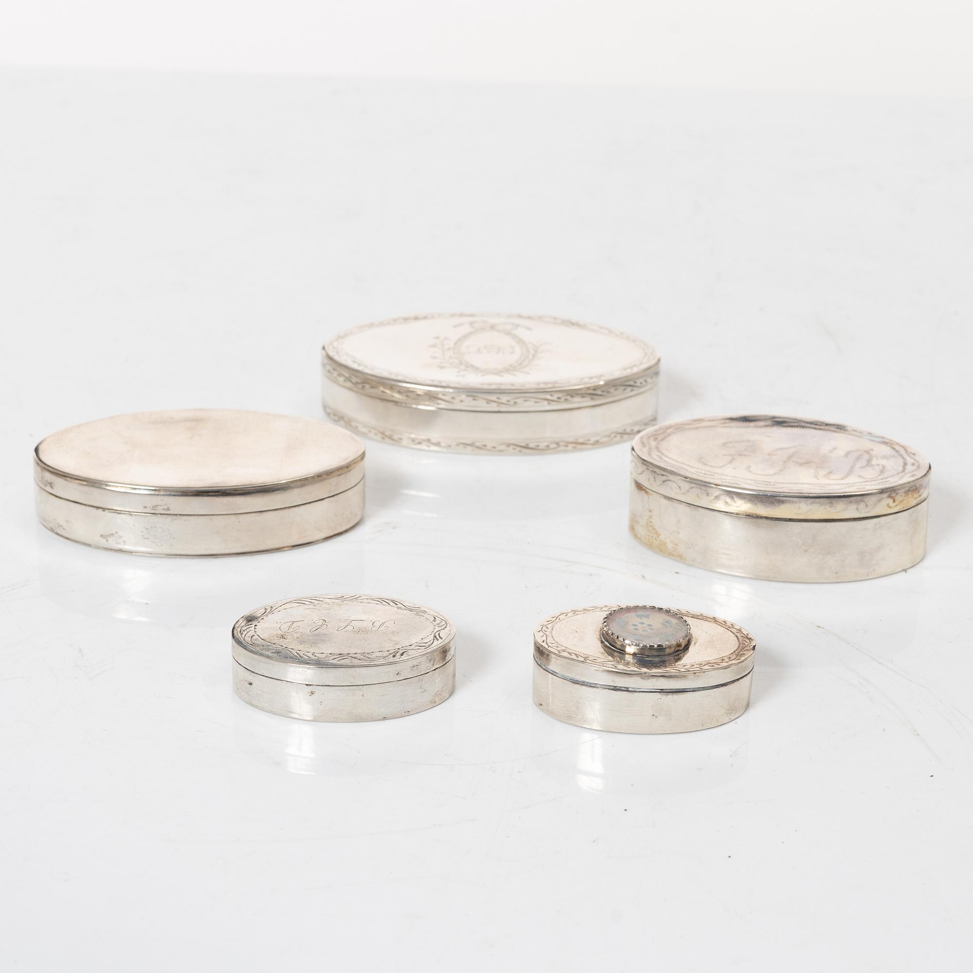 Five Swedish silver boxes, 18th-19th Century.