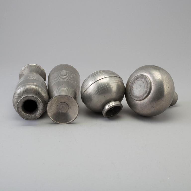 Four 1930s pewter vases, probably Sylvia Stave, two from CG Hallberg.