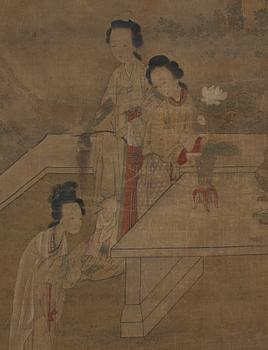 Gu Jianlong, In the manner of the artist, Elegant ladies of the court with antiques and precious objects in a garden.