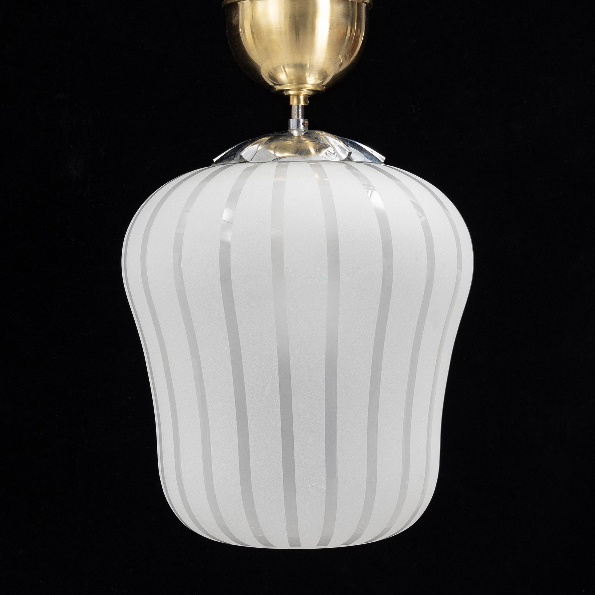 A Swedish Modern glass and brass ceiling light, Orrefors, 1940's.