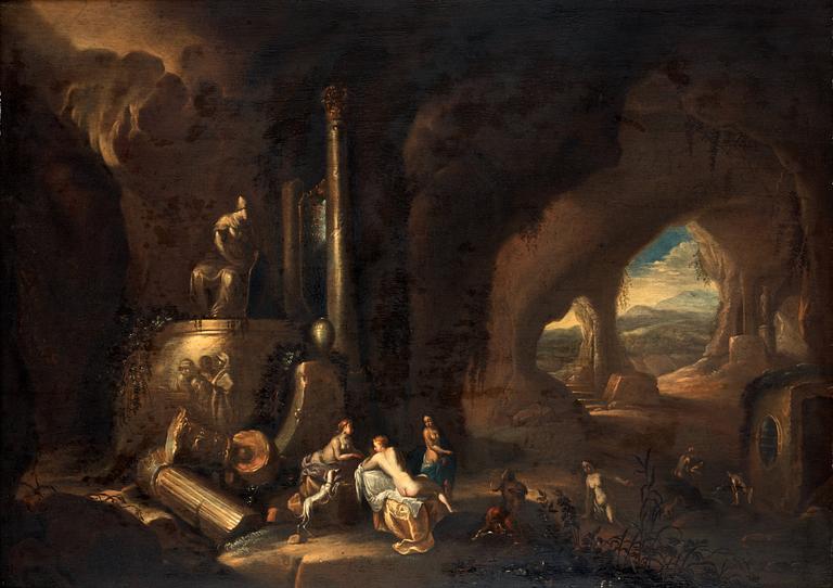 Abraham van Cuylenborch Hans krets, Grottlandskap med antika statyer och nakna nymfer.