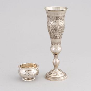 A Russian silver cup and a salt cellar, Moscow 1869 and 1865.