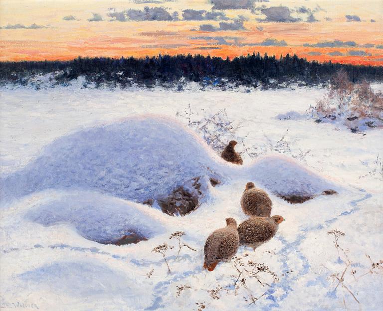 Thure Wallner, Winter landscape with partridges.