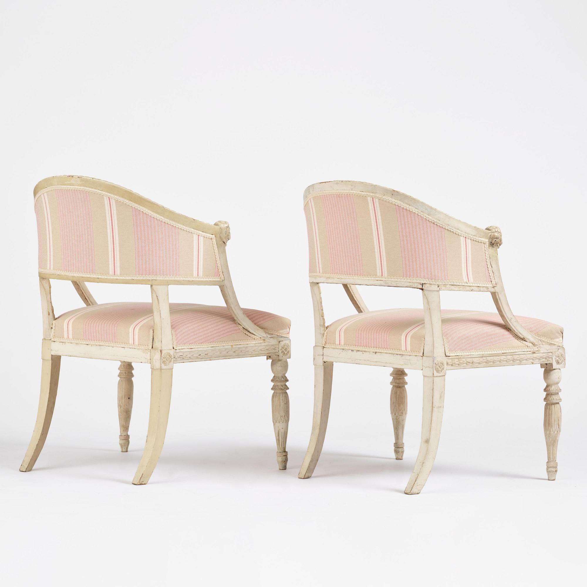 A pair of late Gustavian open.back armchairs, Stockholm, late 18th century.