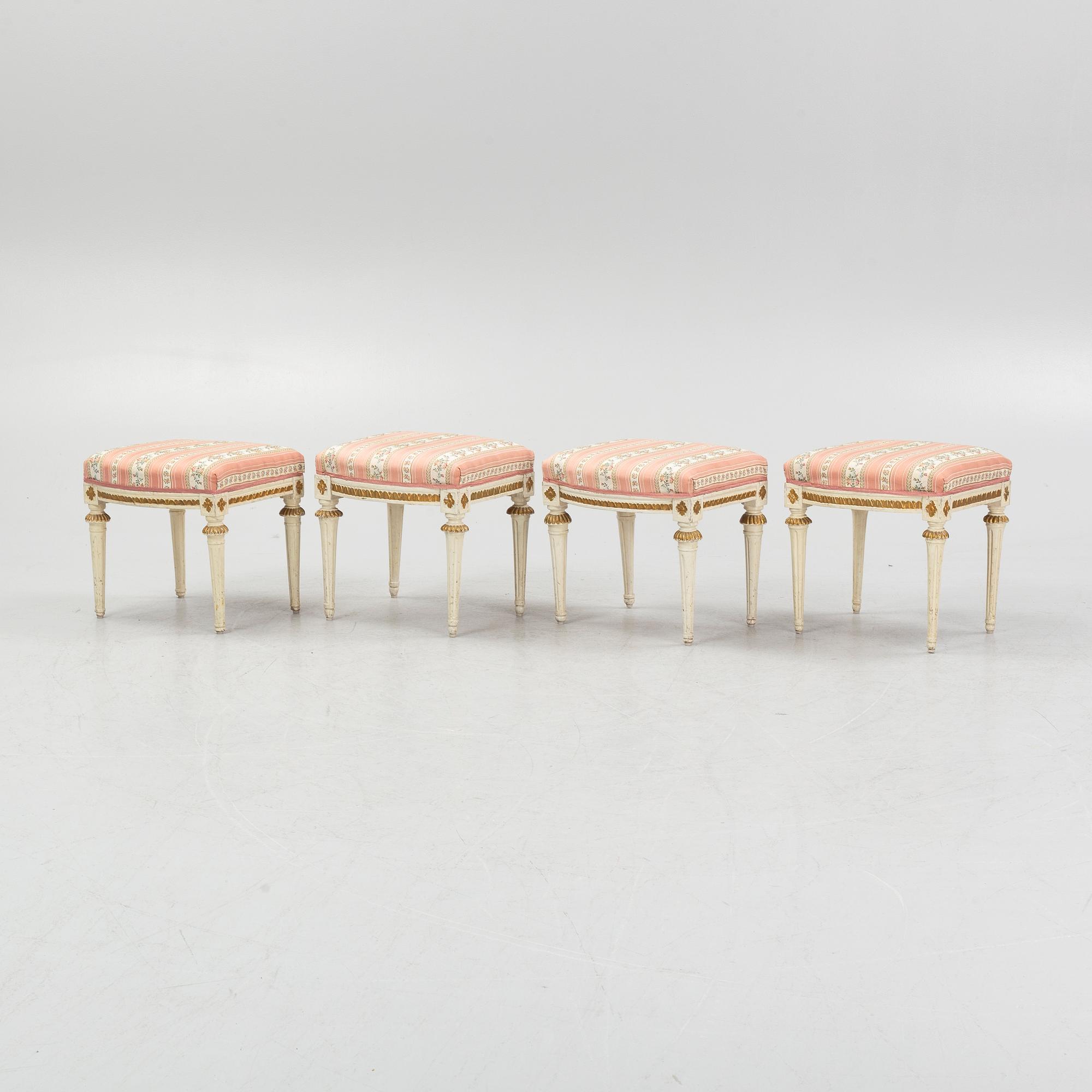 An assembled suite of four late gustavian stools by J. Lindgren and E. Ståhl, Stockholm circa 1800.