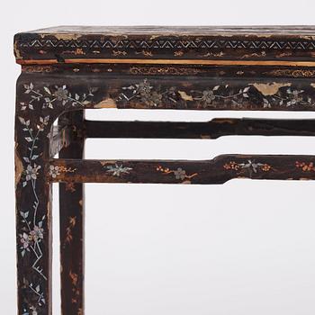 A  Chinese black lacquered altar table with mother of pearl inlay, 17th /18th Century.