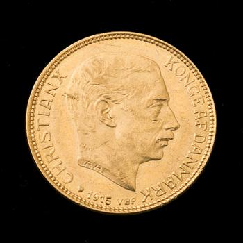 GULDMYNT, 20 kroner, Christian X, Danmark, 1915. Vikt ca 9 g.
