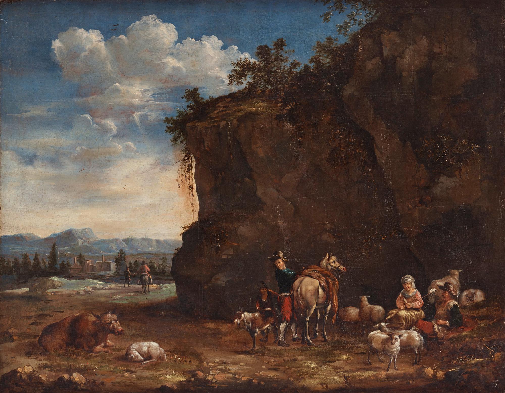 Jan Willemsz. Lapp, hans efterföljd, Arkaiskt landskap med rastande figurer och boskap.