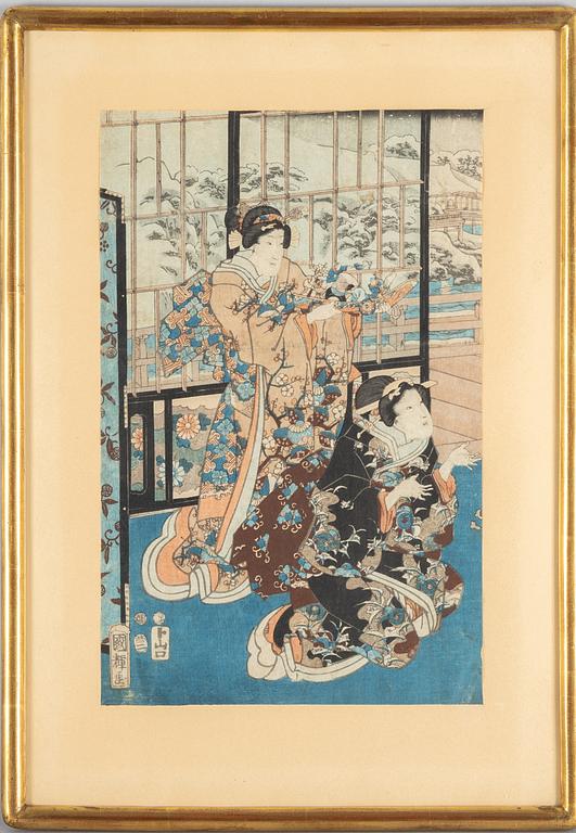 Two woodblock prints by Utagawa Kuniteru I, 1853, and by Utagawa Kunisada(Toyokuni III), first half of the 19th century.