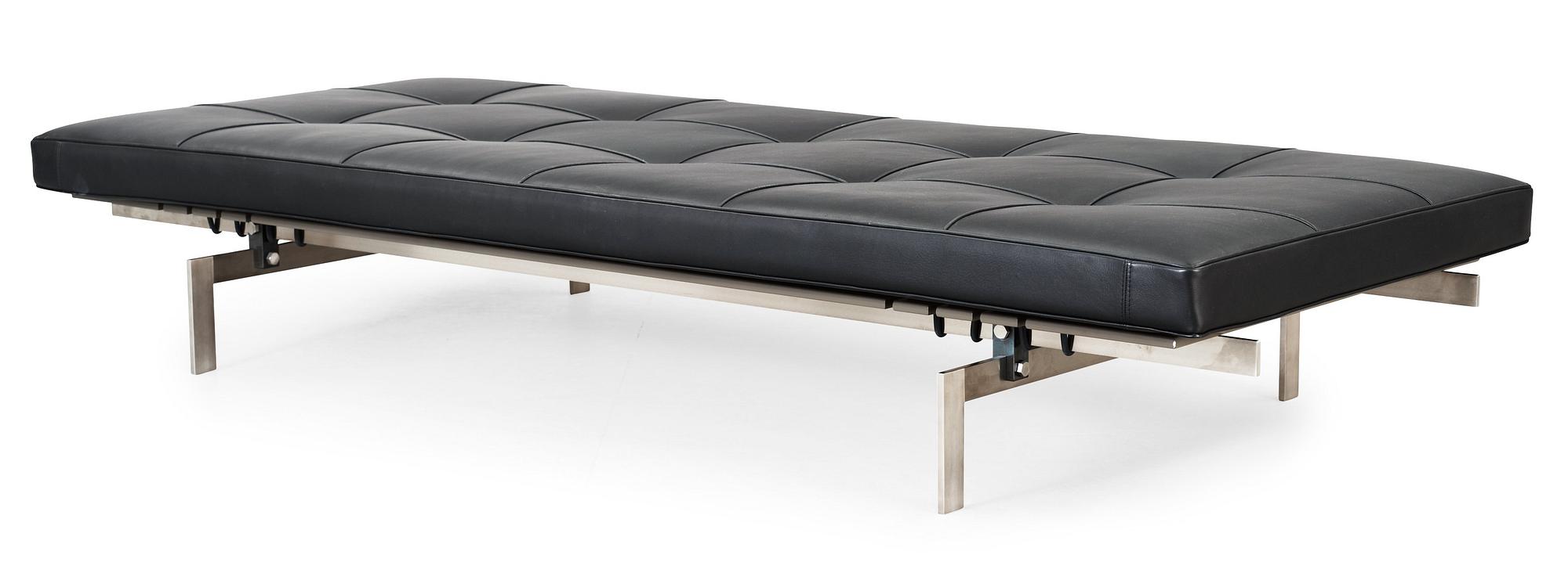 A Poul Kjaerholm 'PK-80' steel and black leather daybed by Fritz Hansen, Denmark 2005, maker's mark in the steel.
