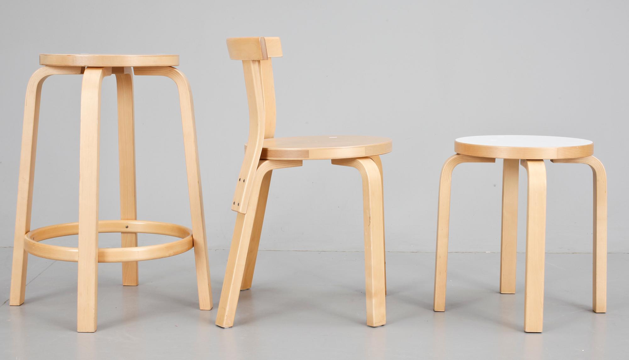 STOL, BARPALL samt PALL, Modell 68, 69 resp E60. Alvar Aalto, Artek.