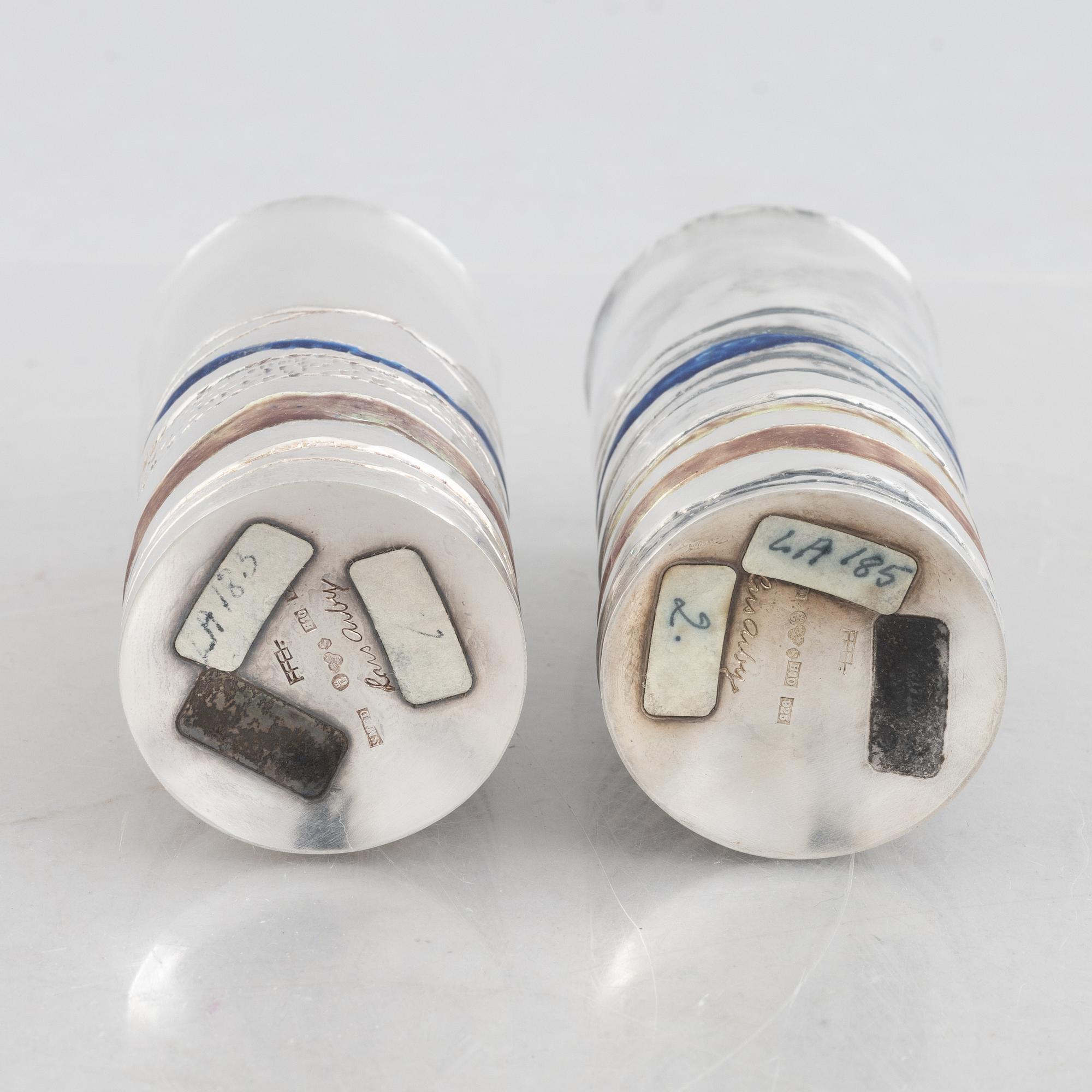 Two sterling silver and enamel beakers/vases, mark of Lars Arby, Gothenburg, Sweden 1982.