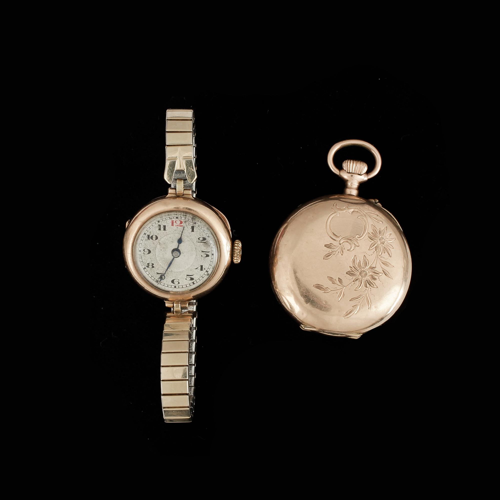 FICKUR, 2 st, 14k guld. Total vikt ca 45 gram (exkl armband).