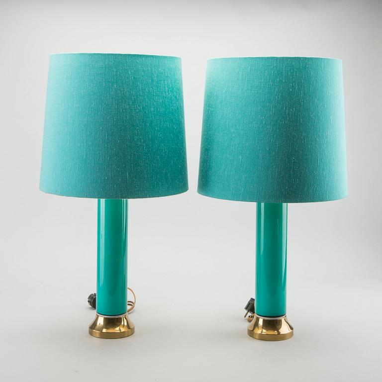 BERGBOM'S, a pair of brass and turquoise glass table lamps, Sweden mid 20th century,