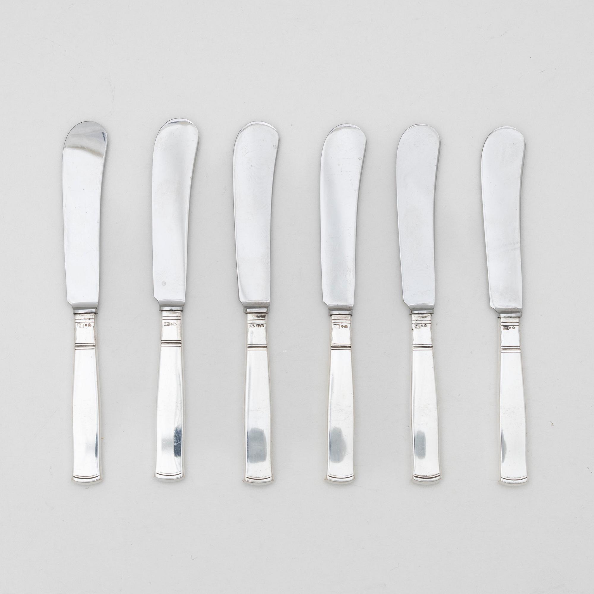 Jacob Ängman, a set of six silver butter knives, 'Rosenholm', GAB, Stockholm 1950s.