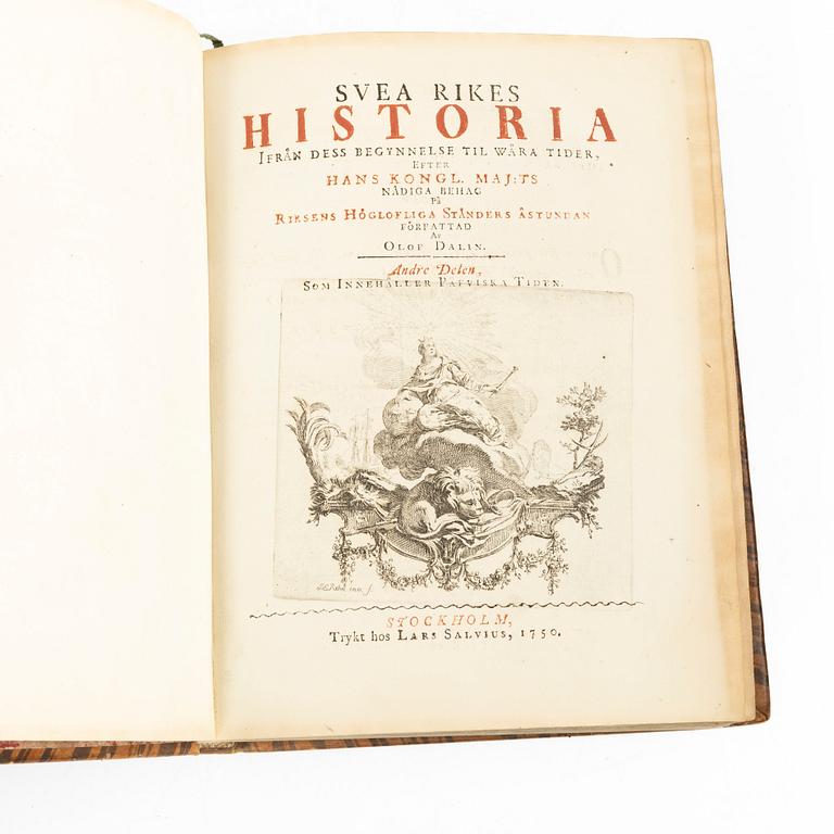 Books, four volumes,'Svea Rikes Historia', Olof Dalin, Lars Salvius, Stockholm, 1747-62.