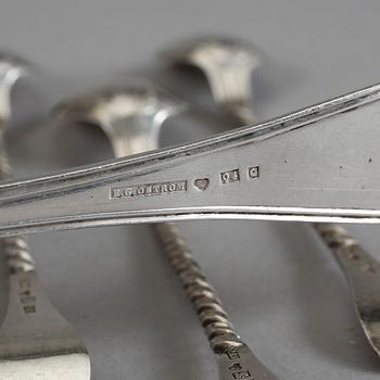 PARTI SILVER, 12 delar, bland annat Erik Gustaf Öström, Gävle, 1846. Vikt ca 174g.