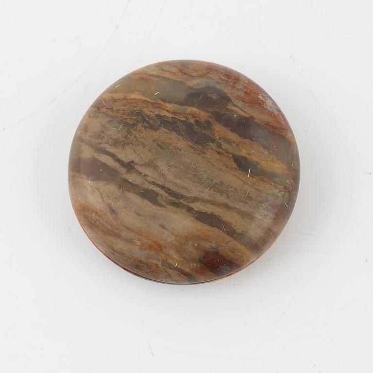 A set of four stone scholars objects and a enameled silver box with cover, Qing dynasty, circa 1900.