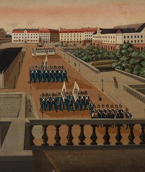 Svensk konstnär, omkring 1840, Vaktavlösning, Norrbro.