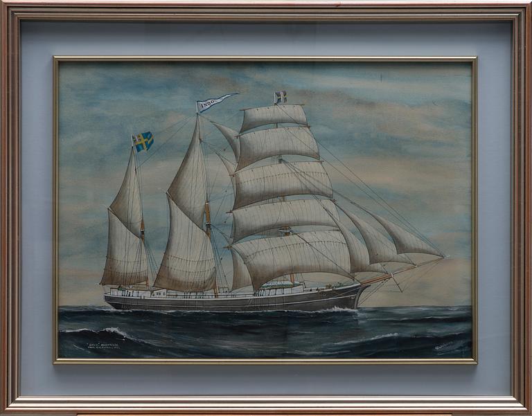 GUSTAF FREDRIKSSON, akvarell med täckvitt, signerad och märkt "Indo", Norrtelje, Capt. A.W. Fröberg 1899.