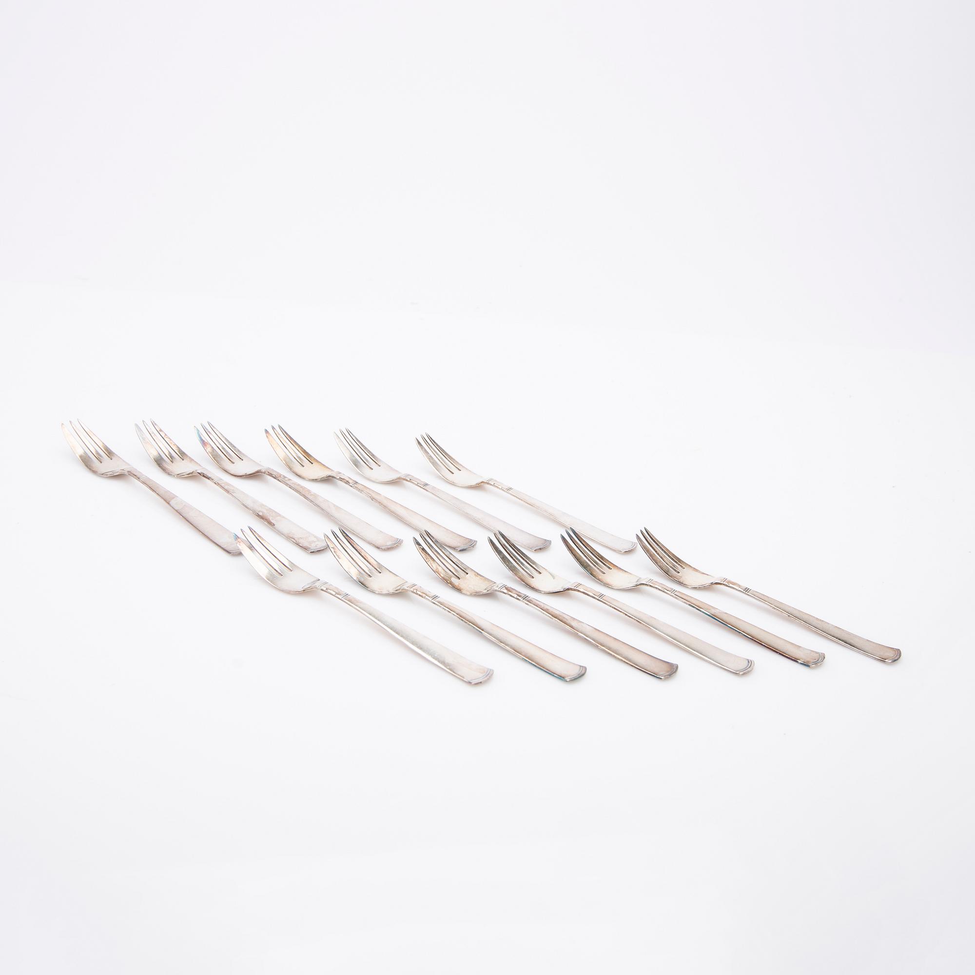 Dessertgafflar, silver, 12 st, Rosenholm, GAB, Stockholm, 1958-1960.