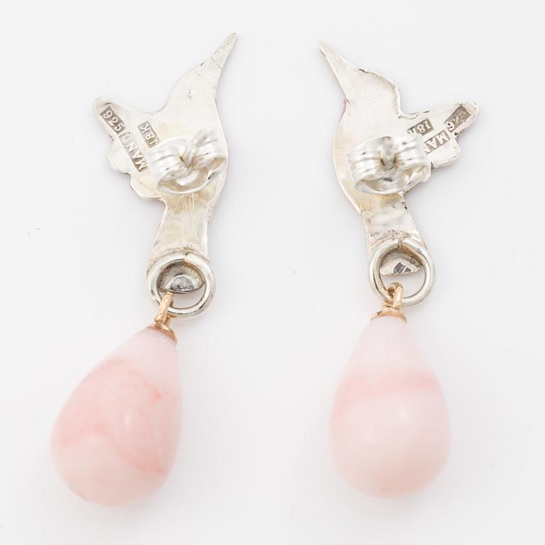 Mandelstam hummingbird earrings in silver and 18K gold, enamel and pink opal.