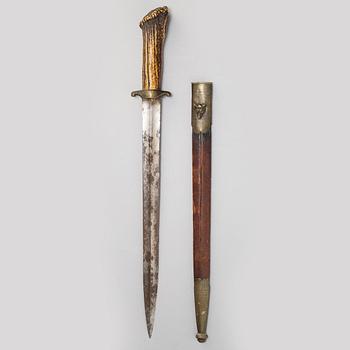 A hunting sword and two bayonets with scabbards.