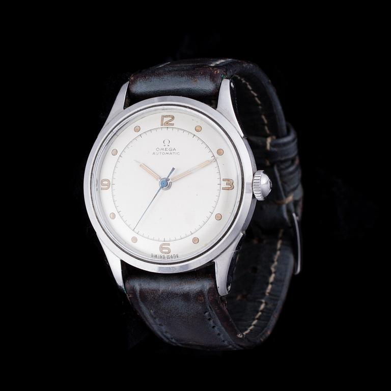 ARMBANDSUR, Omega Automatic, stål, läderarmband. 1900-talets mitt.