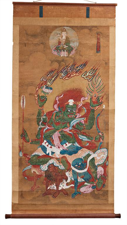 A Tibetan Thangka colour and ink on cloth laid on paper, 19th Century.