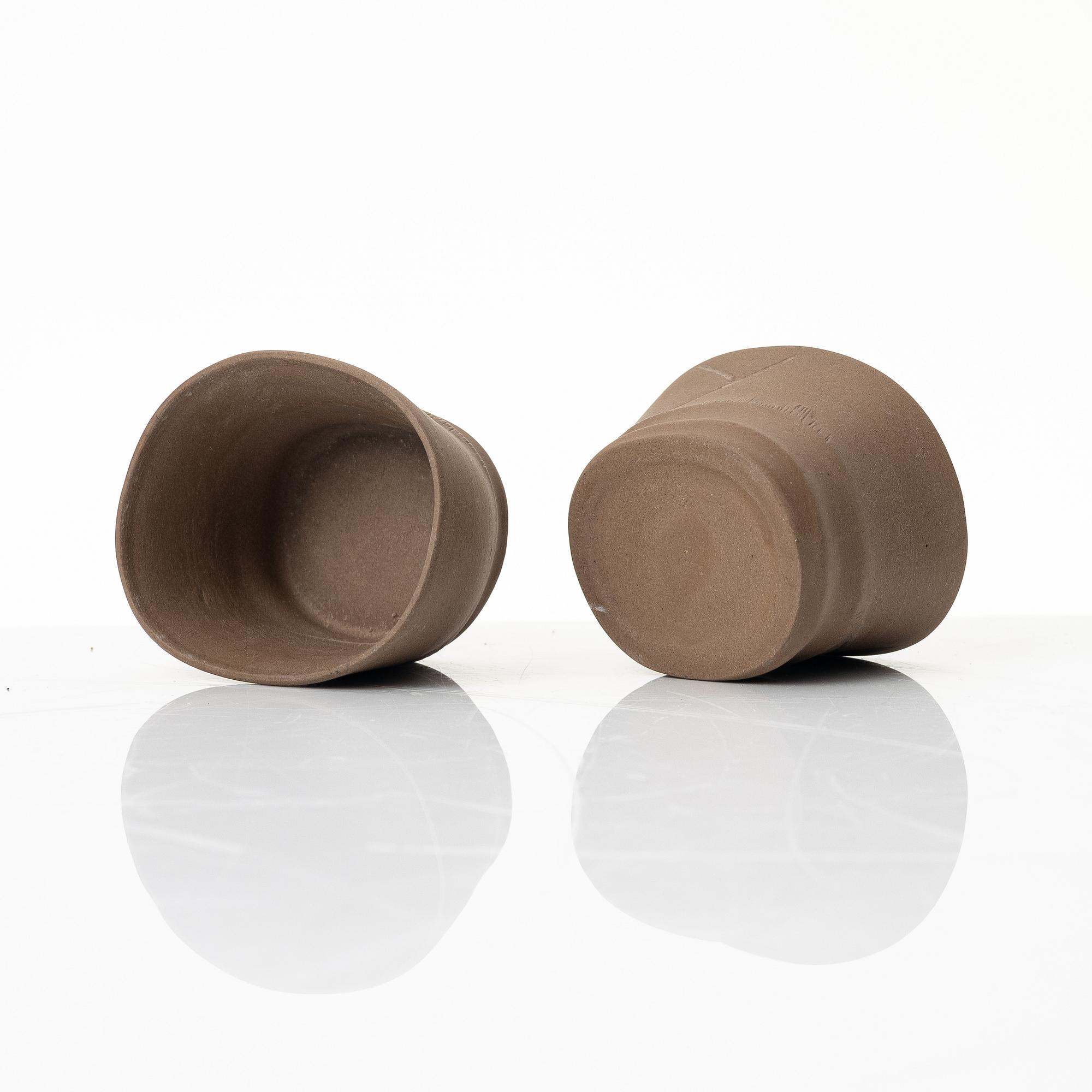 A grey yixing 'bamboo shoot' teapot with six cups, China, 1980s.