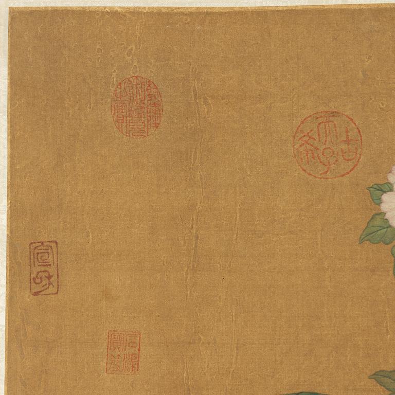 A Chinese scroll painting by unidentified master, four ducks resting by a blooming pond, 20th century.