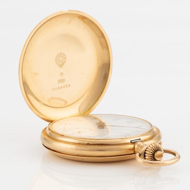 Omega, pocket watch, 18K gold, hunter case, 52.5 mm.