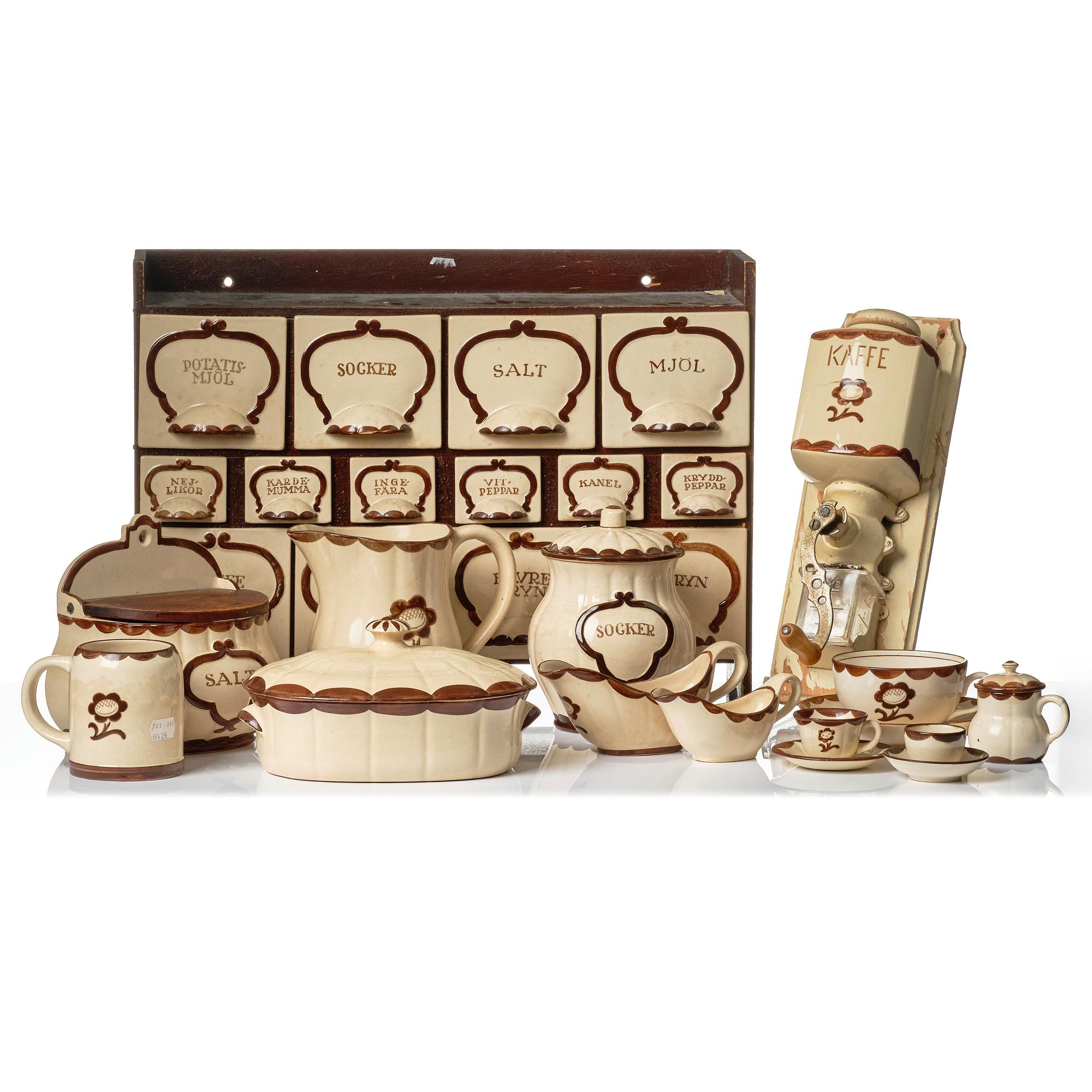 Wilhelm Kåge, 43-pieces of a 'Pyro' service including coffee grinder and spice rack, Gustavsberg, Sweden, 1930 and 1955.