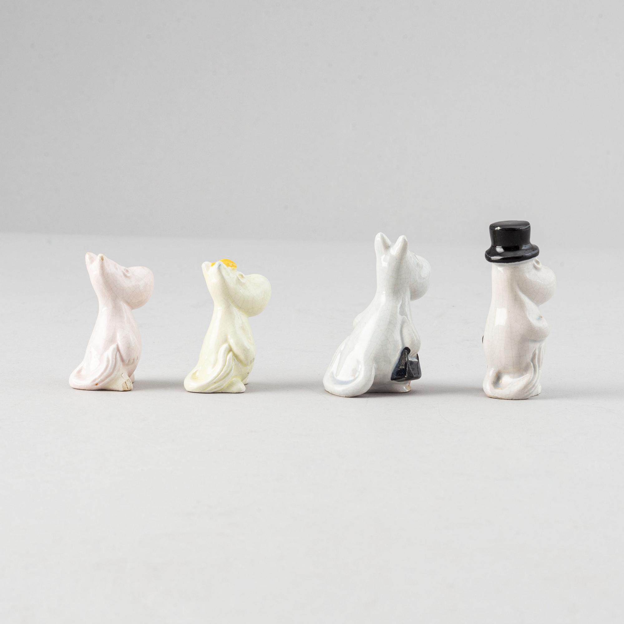 Leo Tykkyläinen, figuriner, 4 st, kermaik, Mumin, Arabia, Finland, 1950-tal.